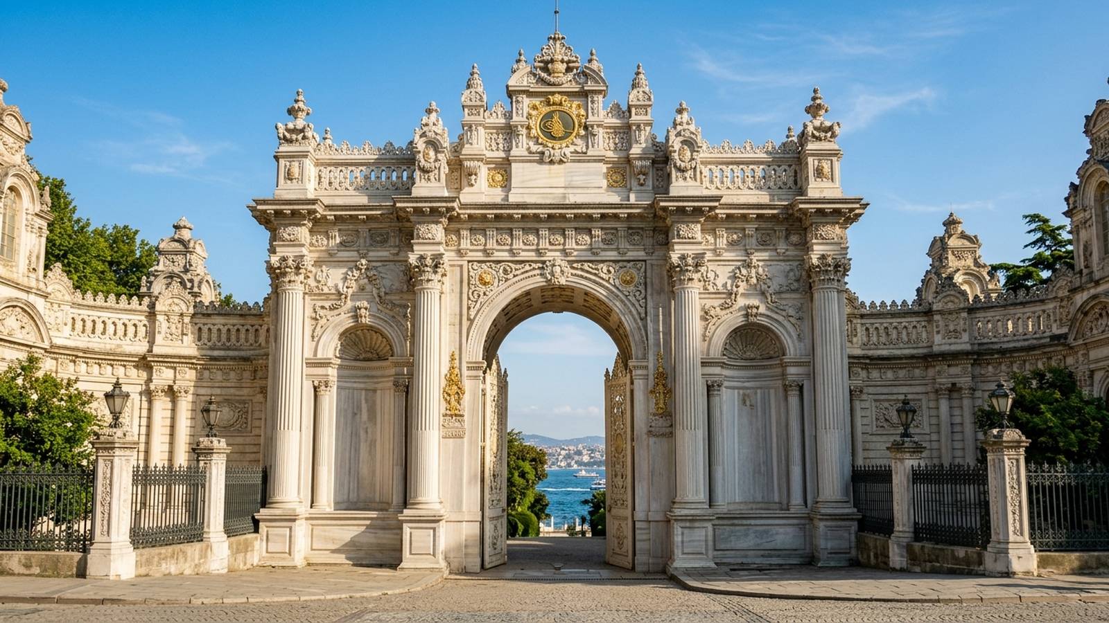 Ornate imperial Treasury Gate of Dolmabahçe Palace in white stone with gilded details