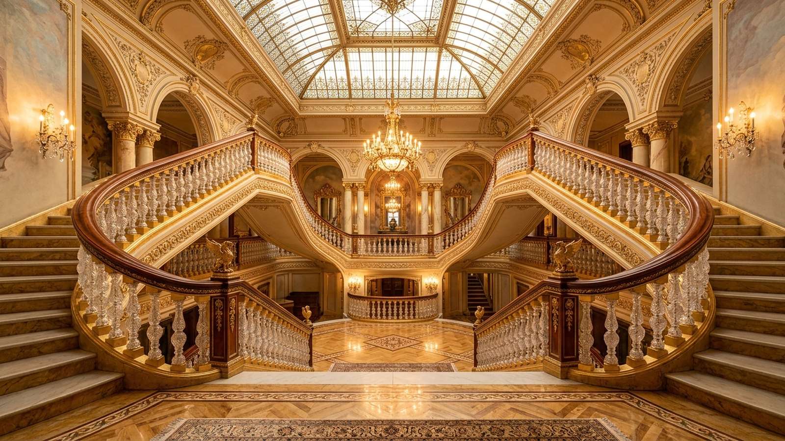 Sweeping crystal-balustrade staircase inside Dolmabahçe Palace beneath a glass skylight