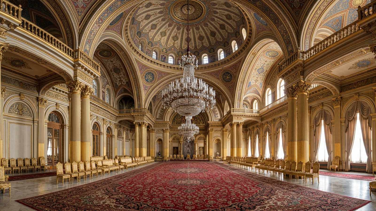 Grand ceremonial hall of Dolmabahçe Palace with a monumental crystal chandelier and gilded columns